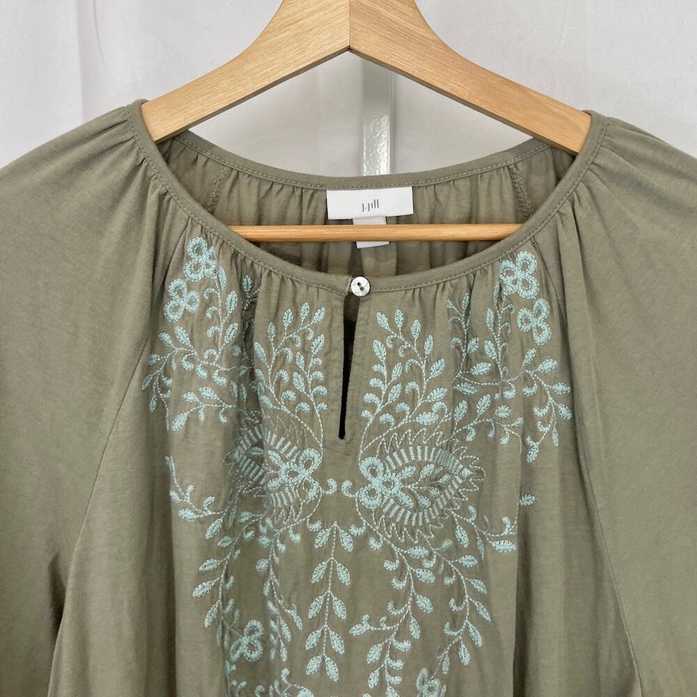 J. JILL Embroidered Flutter Raglan Sleeve Tunic Keyhole Top Green Size L - Picture 4 of 9